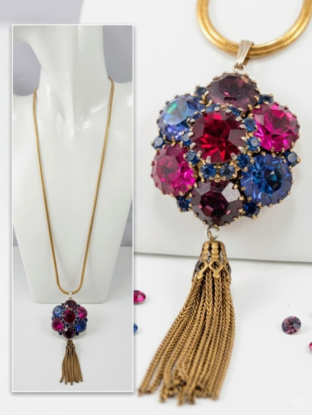 Vintage Married Piece: Mid-Century Rhinestone Tassel Pendant on LC Chain